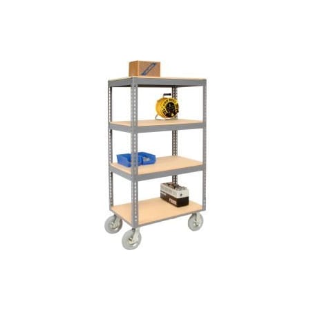 GLOBAL EQUIPMENT Easy Adjust Boltless 4 Shelf Truck 36x18 W/ Wood Shelves, Pneumatic Casters 585412